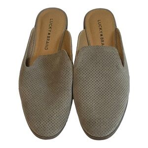 Lucky Brand Coryna Mules Gray Perforated Suede Round Closed Toe Slides 8/38.5